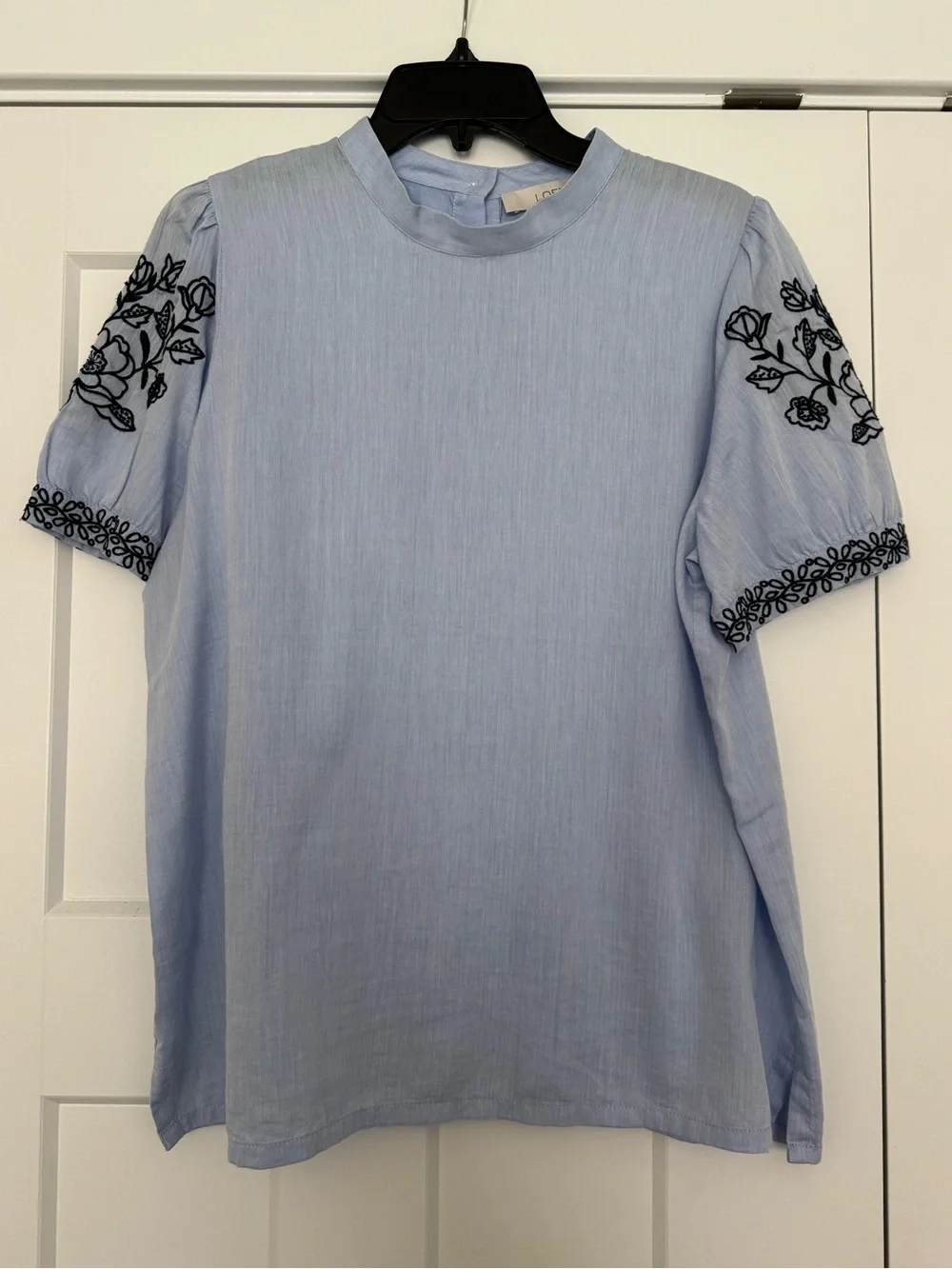NWOT Loft Light Blue Embroidered Puff Sleeve Women's Top